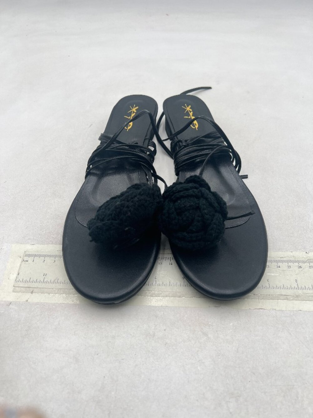 XYD Black Sandals Open-toe Low Heels Oversized Flower Ankle Strappy Tie-up Shoes